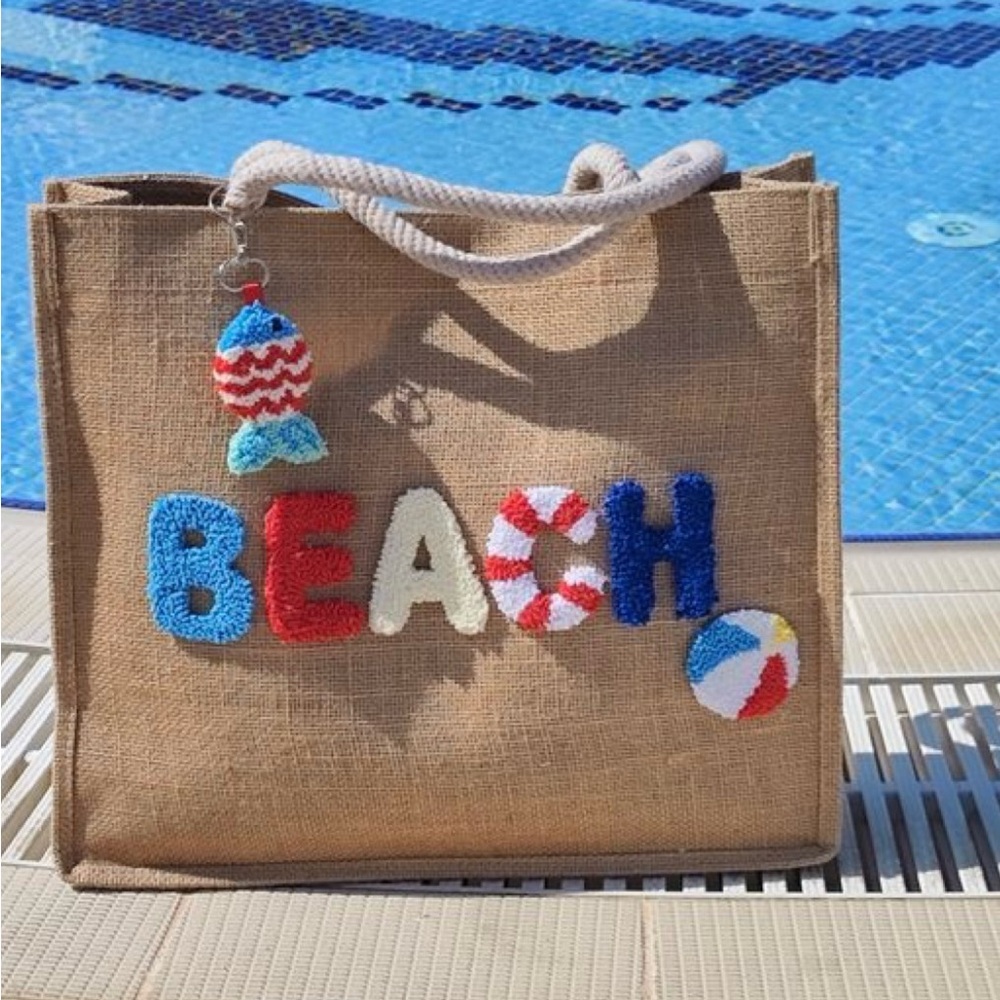 Kids Beach Tote Bag - Tan with Colorful Accents